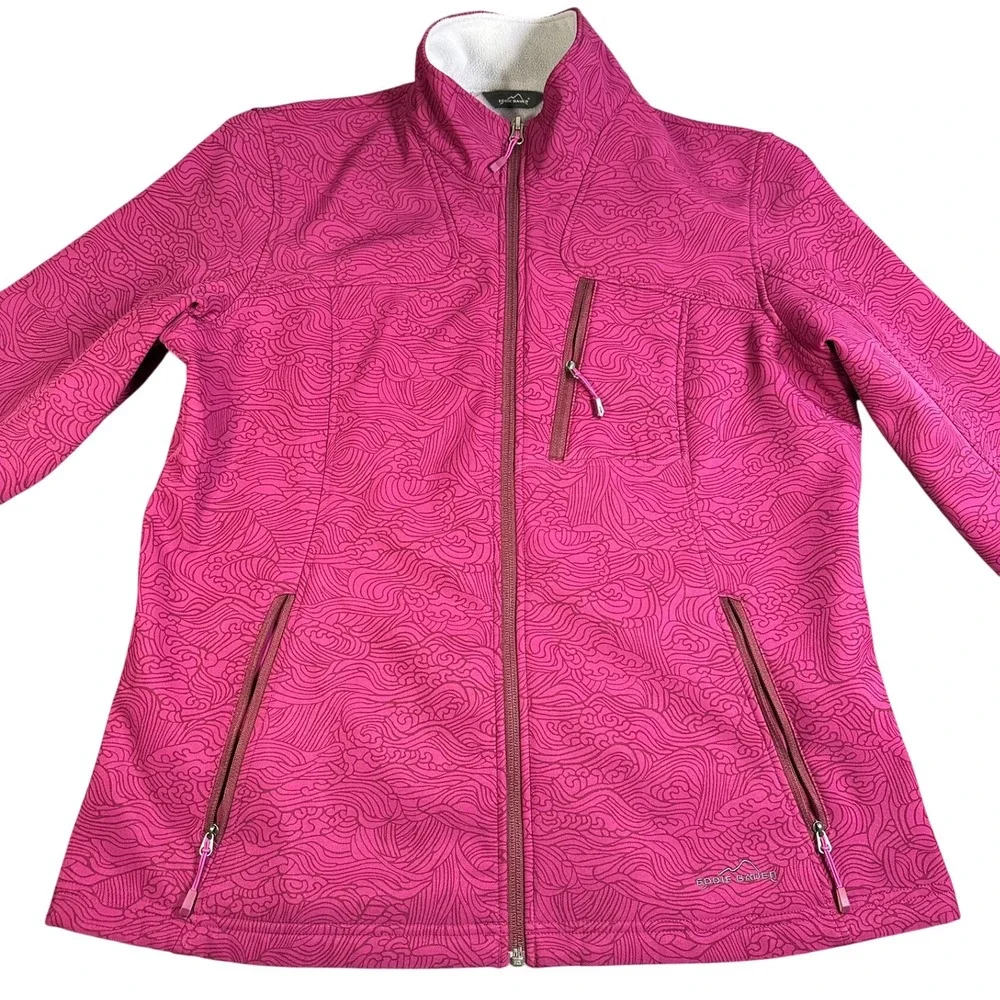 Eddie Bauer Womens XL Softshell Jacket Pink Wave Print Fleece Lined Full Zip